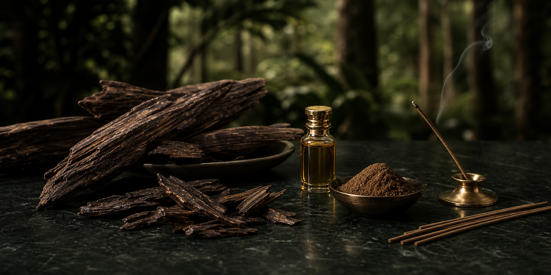 Agarwood logs, chips, oud oil, powder and incense in a refined natural setting