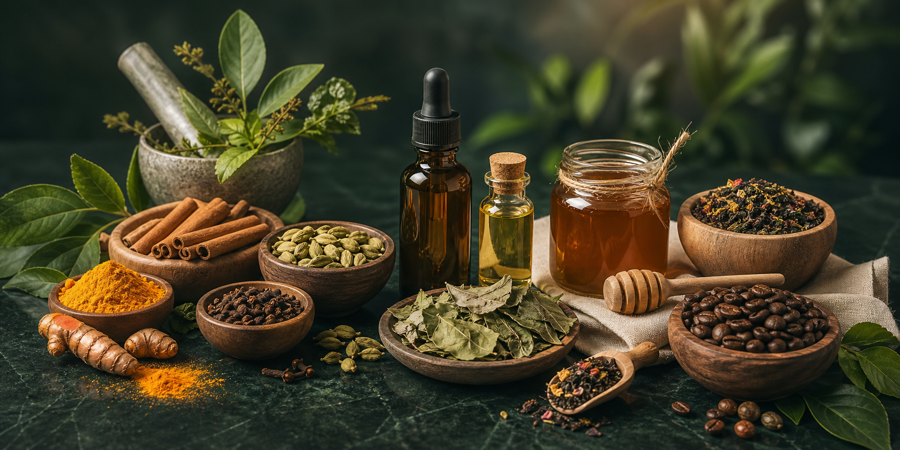 Organic spices, herbs, oils, honey, tea and coffee arranged as a premium natural collection